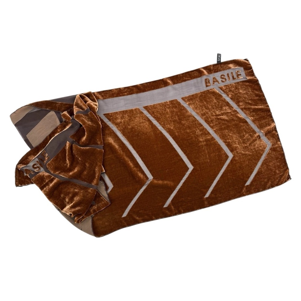 BASILE Scarf Silk Blend Velvet Burnout Brown Chevron Logo Wrap 17 x 60